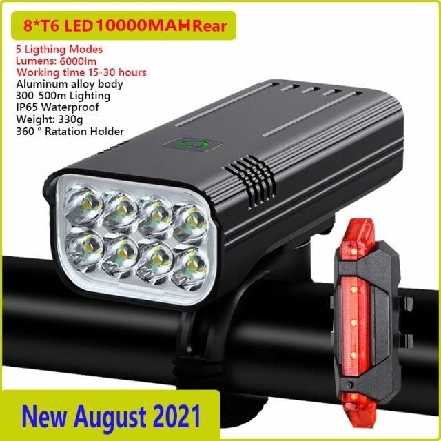 Stevvex USB rechargeable bike light front torch with 8-LED and red rear light on handlebars on Tampa Home & Garden Store