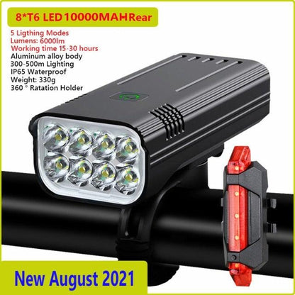 Stevvex USB rechargeable bike light front torch with 8-LED and red rear light on handlebars on Tampa Home & Garden Store