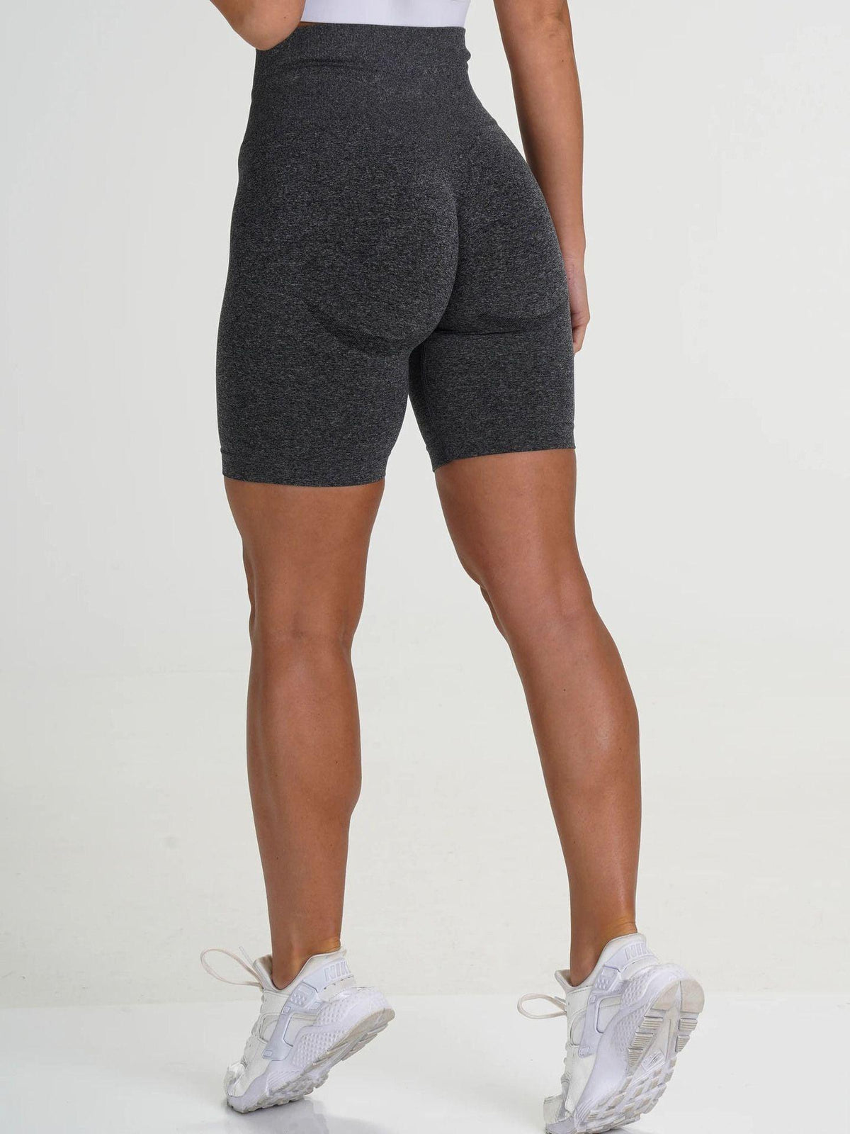 Women's seamless workout shorts in charcoal heather, high-waist athletic fit on Tampa Home & Garden Store