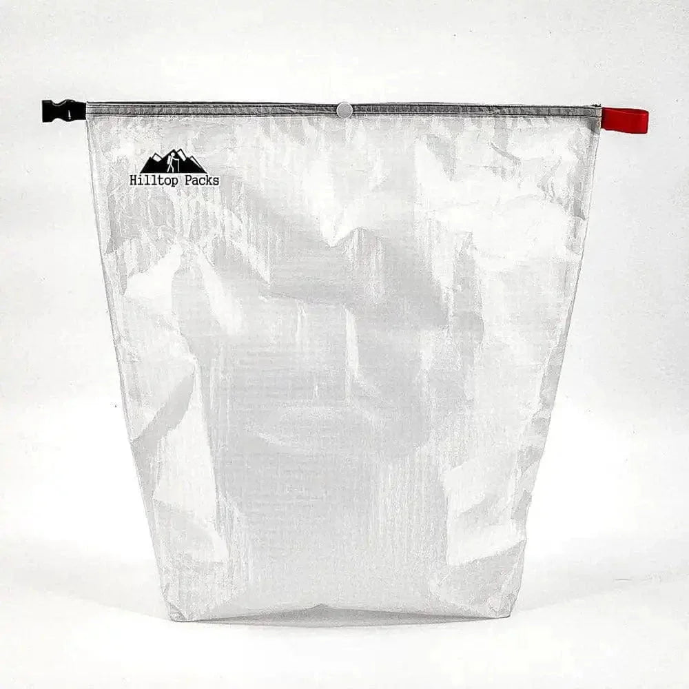 Ultralight food bag in silver D50T fabric, Hilltop Packs LLC logo, red zip tab on Tampa Home & Garden Store