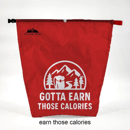 Ultralight red food bag in D50T fabric with GOTTA EARN CALORIES graphic, Hilltop Packs on Tampa Home & Garden Store