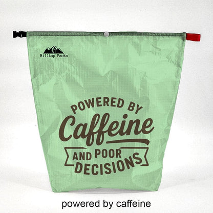 Ultralight food bag in green D50T fabric with caffeine design by Hilltop Packs LLC on Tampa Home & Garden Store