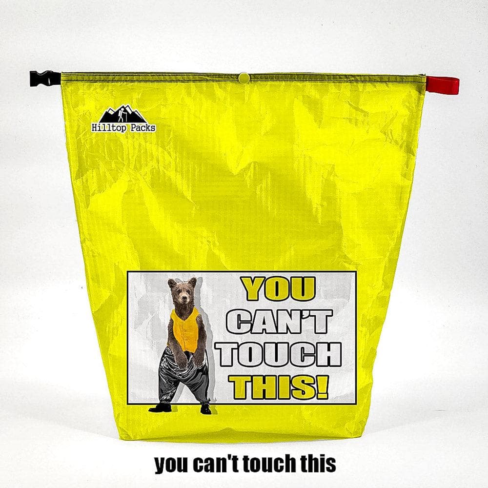 Ultralight Food Bag D50T neon yellow with Hilltop Packs logo and You Cant Touch This bear graphic on Tampa Home & Garden Store