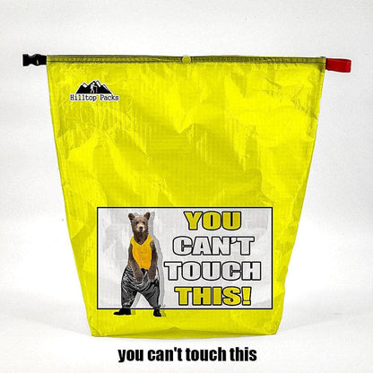 Ultralight Food Bag D50T neon yellow with Hilltop Packs logo and You Cant Touch This bear graphic on Tampa Home & Garden Store