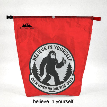 Ultralight food bag red with Hilltop Packs logo and Believe in Yourself camping D50T fabric on Tampa Home & Garden Store
