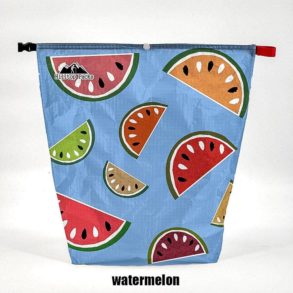 Ultralight food bag with watermelon print on blue D50T fabric by Hilltop Packs LLC for camping on Tampa Home & Garden Store