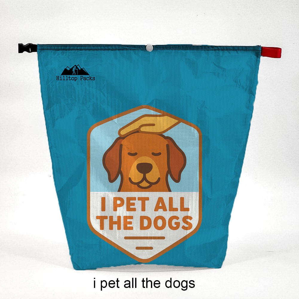 Ultralight food bags blue Vol #1 D50T fabric with dog graphic I PET ALL THE DOGS Hilltop Packs on Tampa Home & Garden Store