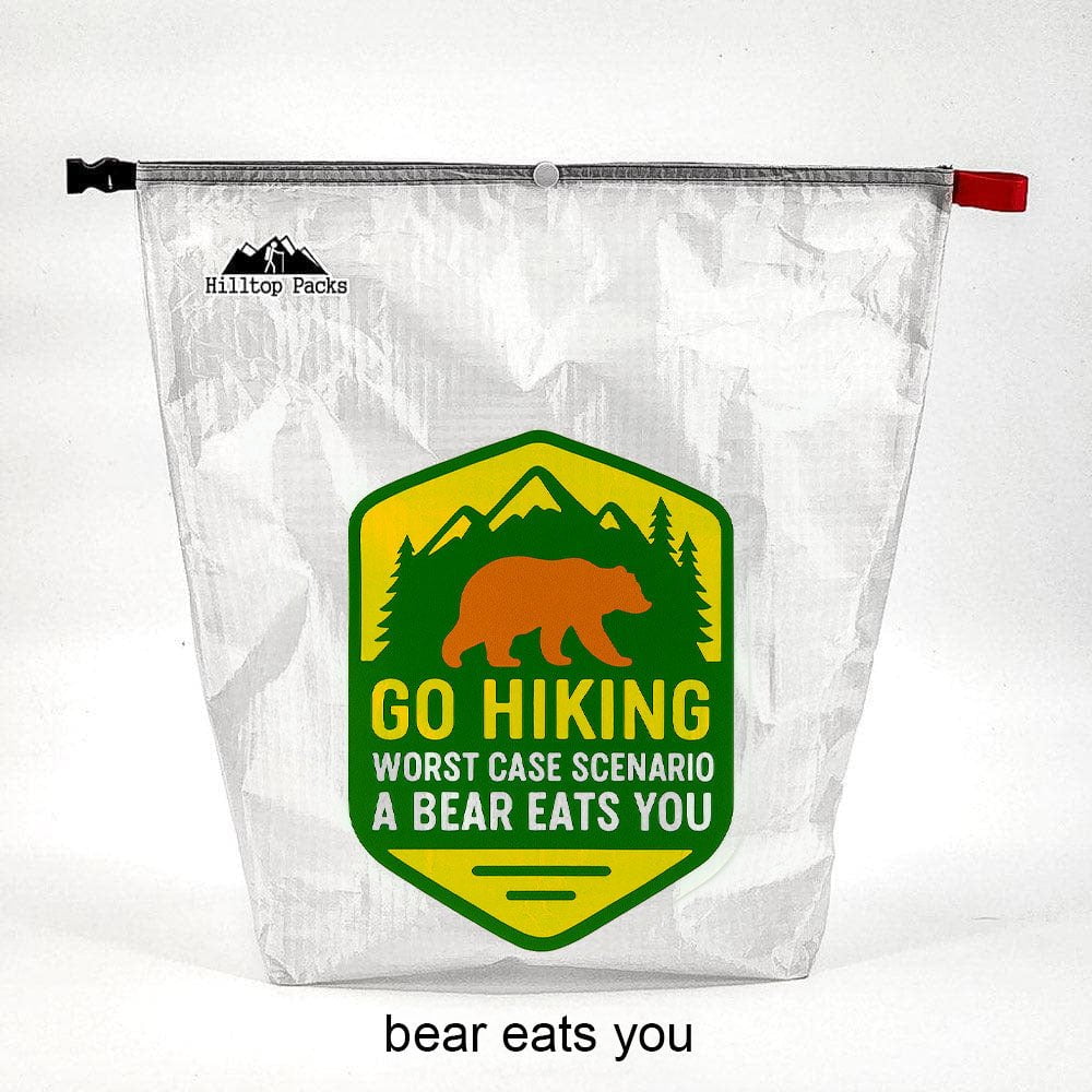 Ultralight food bag by Hilltop Packs in clear D50T fabric with Go Hiking badge A BEAR EATS YOU on Tampa Home & Garden Store