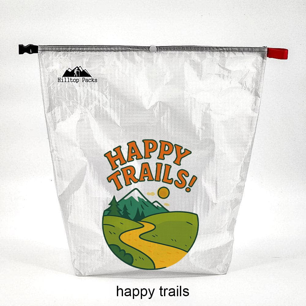 Ultralight food bag with Happy Trails graphic on clear D50T fabric by Hilltop Packs LLC on Tampa Home & Garden Store