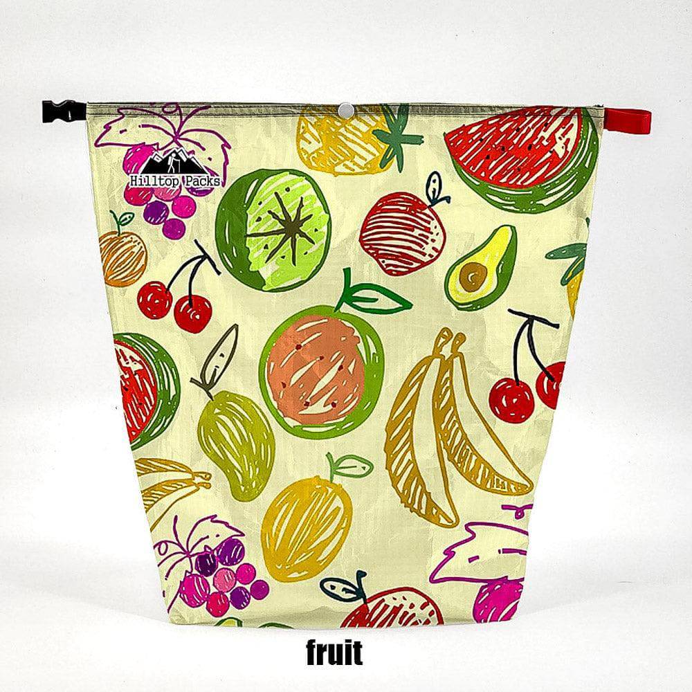 Ultralight food bag with colorful fruit print on D50T fabric, Hilltop Packs LLC logo on Tampa Home & Garden Store