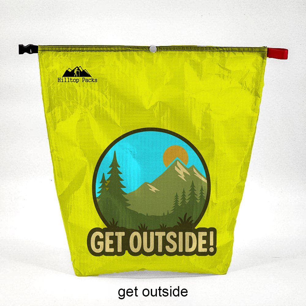 Ultralight lime-green food bag D50T fabric, Hilltop Packs LLC logo, GET OUTSIDE graphic on Tampa Home & Garden Store
