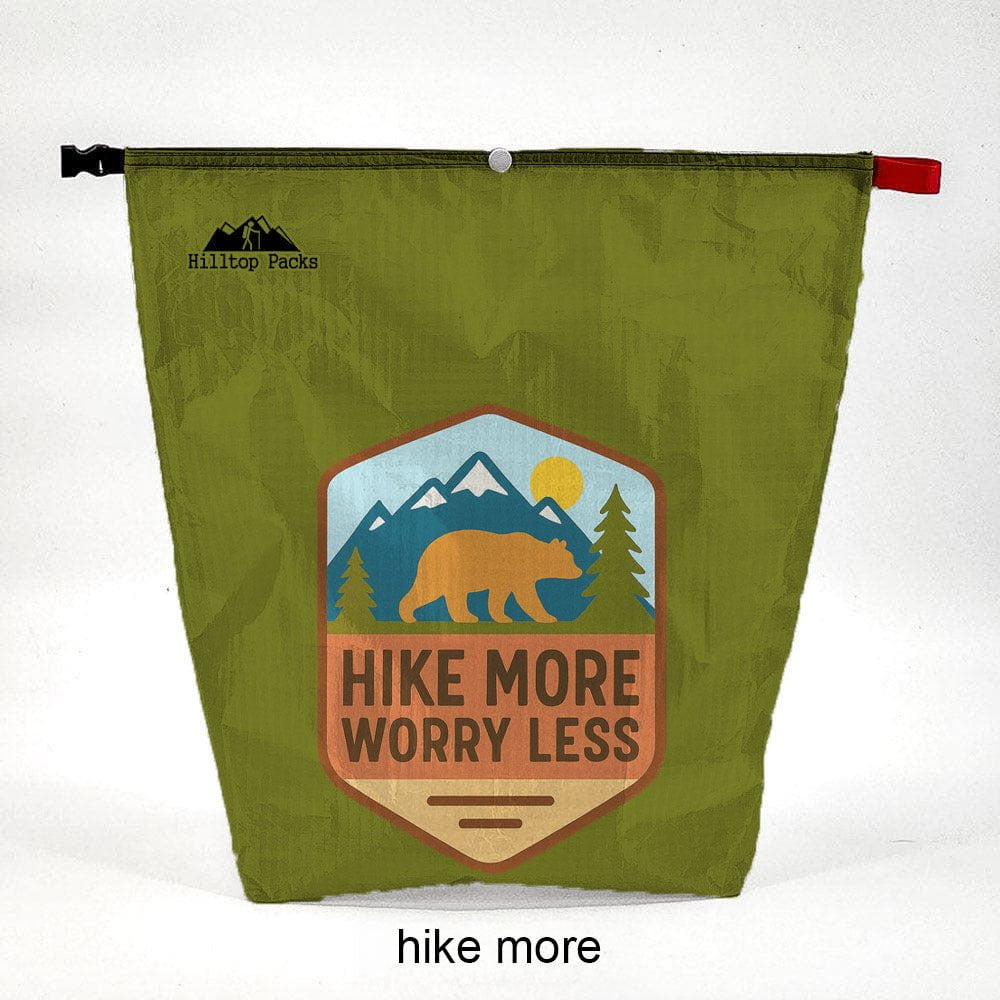 Ultralight food bag olive green with Hilltop Packs LLC logo and Hike More Worry Less badge on Tampa Home & Garden Store
