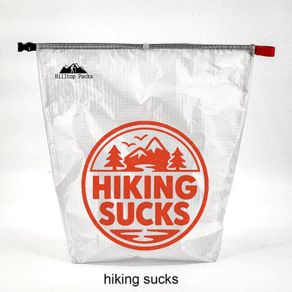 Ultralight food bag by Hilltop Packs LLC, translucent D50T fabric with red Hiking Sucks logo on Tampa Home & Garden Store