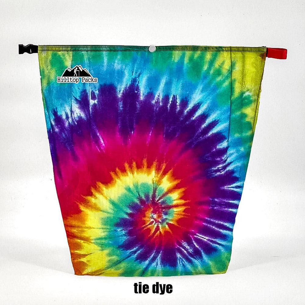 Ultralight food bag with tie-dye print in rainbow colors, D50T fabric, Hilltop Packs LLC logo on Tampa Home & Garden Store