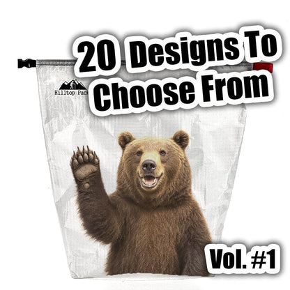 Hilltop Packs LLC Ultralight Food Bags Vol #1 D50T fabric white pouch with bear graphic on Tampa Home & Garden Store