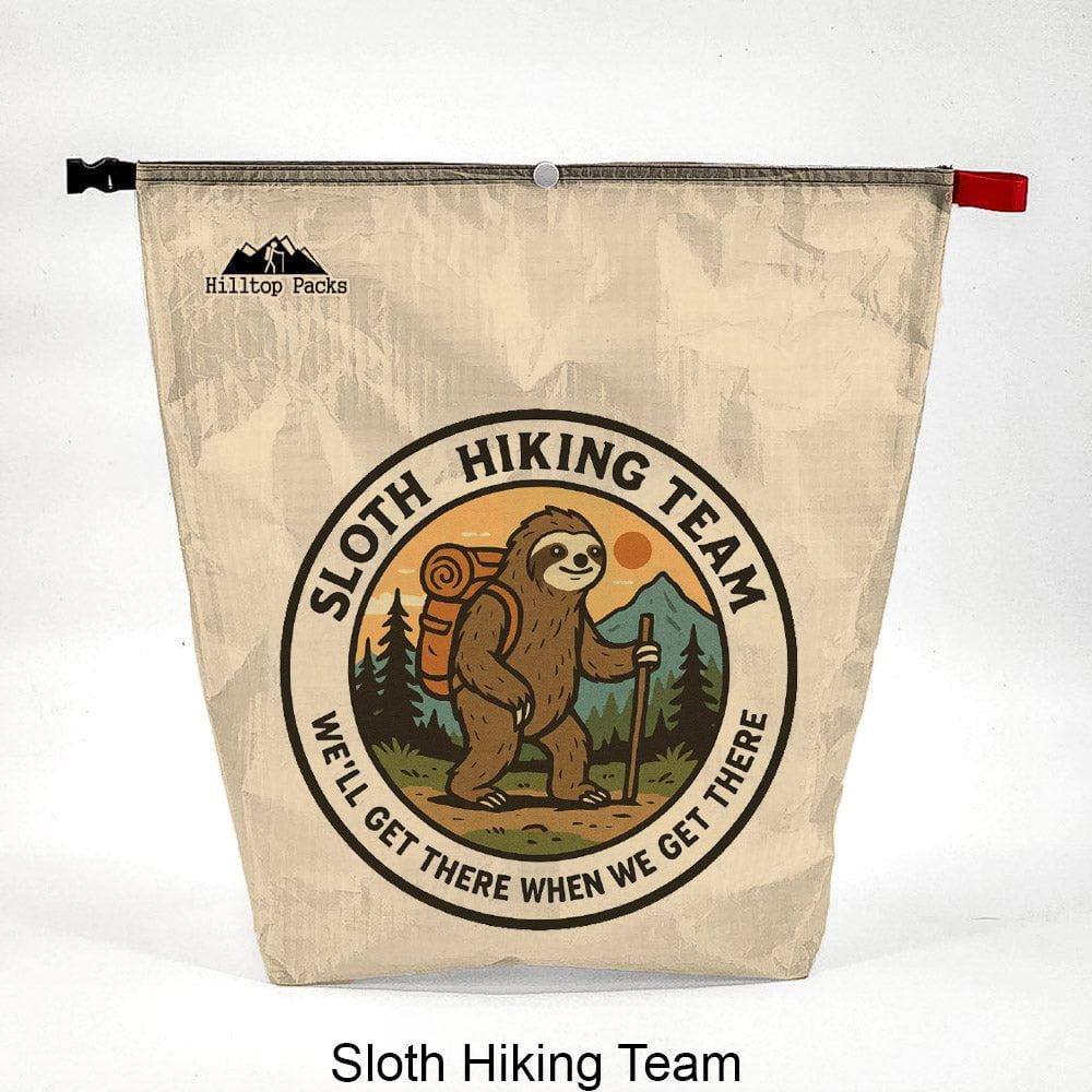Ultralight food bag with Sloth Hiking Team logo on beige D50T fabric by Hilltop Packs LLC on Tampa Home & Garden Store
