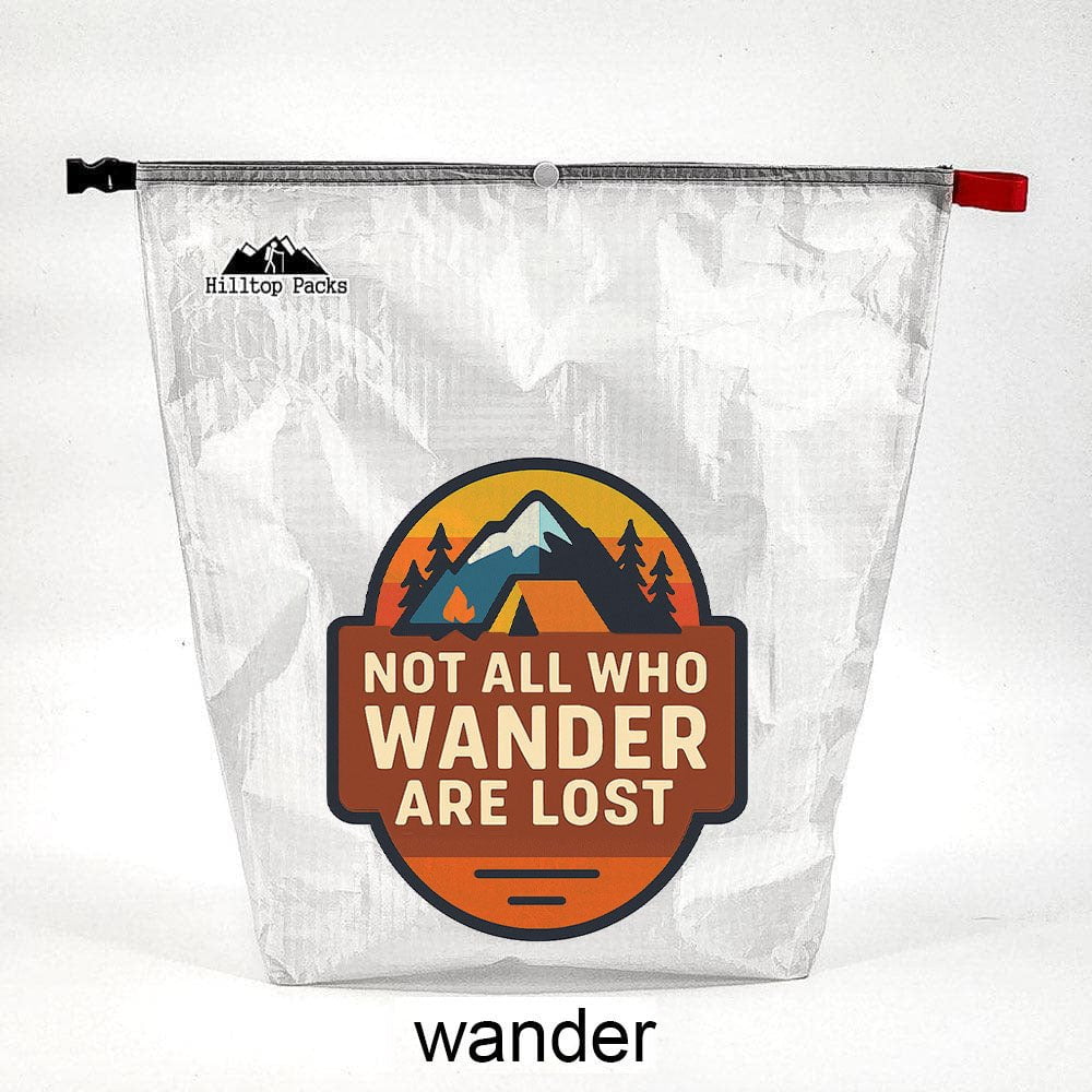 Ultralight D50T fabric food bag with red zipper Hilltop Packs Not All Who Wander Are Lost graphic on Tampa Home & Garden Store