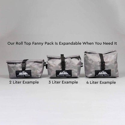 Ultralight Dyneema roll-top fanny pack in gray; expandable with 2L, 3L, 4L; Hilltop Packs logo on Tampa Home & Garden Store