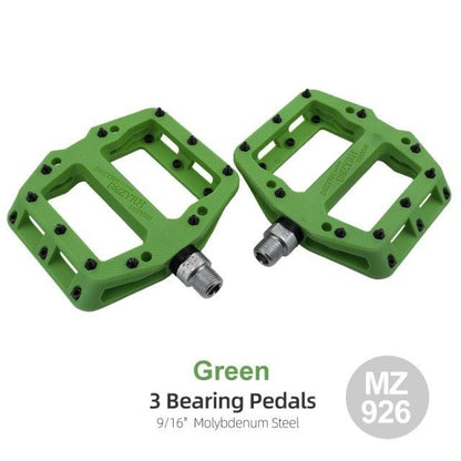 Flat platform bicycle pedals by Stevvex, green with anti-slip pins and 9/16 inch axles, pair on Tampa Home & Garden Store