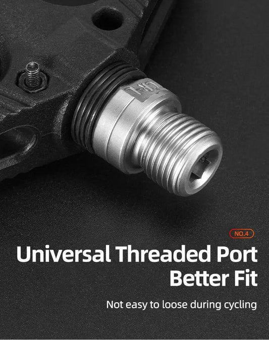 Stevvex bicycle pedal universal threaded port closeup in silver metal on Tampa Home & Garden Store