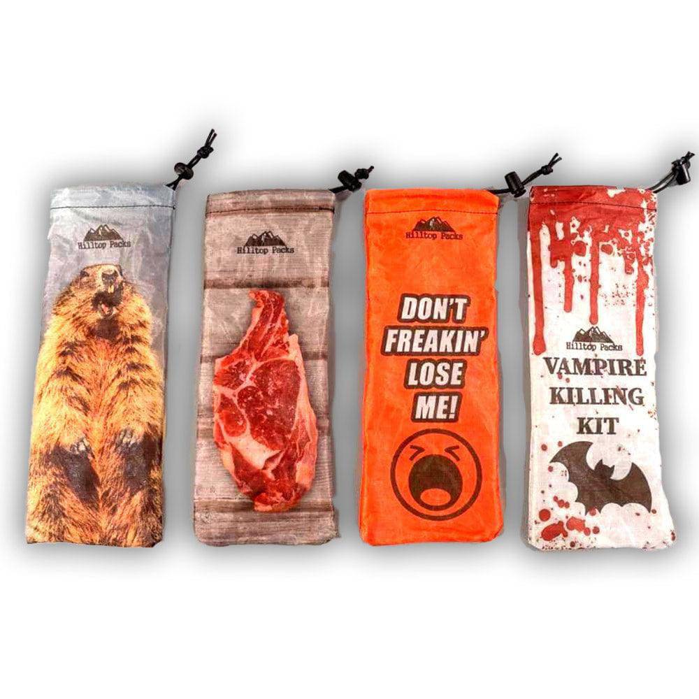 Ultralight tent stake bag set of 4 with bear, steak, Dont Freakin Lose Me, vampire kit prints by Hilltop Packs LLC on Tampa Home & Garden Store