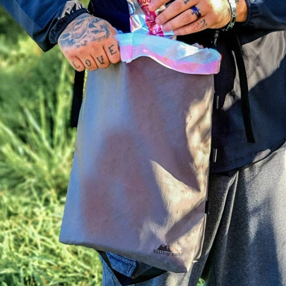Ultralight Trail Trash Bag by Hilltop Packs LLC, gray ECOPAK pack-out bag with pink/blue top on Tampa Home & Garden Store