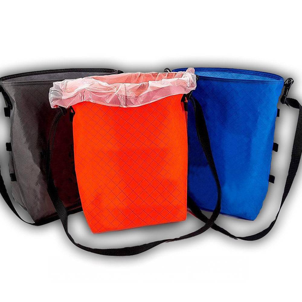 Ultralight Trail Trash Bag ECOPAK Pack-Out System set in orange, blue, black with drawcords on Tampa Home & Garden Store