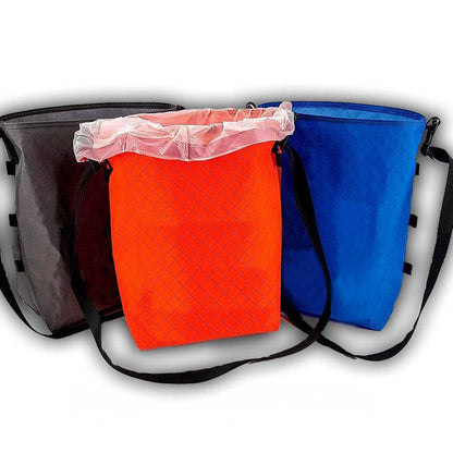 Ultralight Trail Trash Bag ECOPAK Pack-Out System set in orange, blue, black with drawcords on Tampa Home & Garden Store