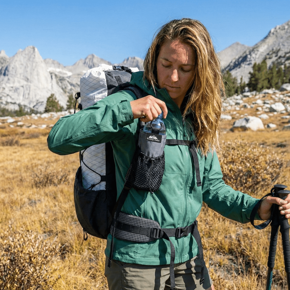 Ultralight Water Bottle Pouch with shoulder-strap mount, gray mesh, Hilltop Packs LLC on Tampa Home & Garden Store