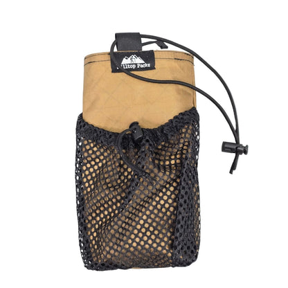 Ultralight water bottle pouch, tan with black mesh pocket, drawcord, strap-mount Hilltop Packs LLC on Tampa Home & Garden Store