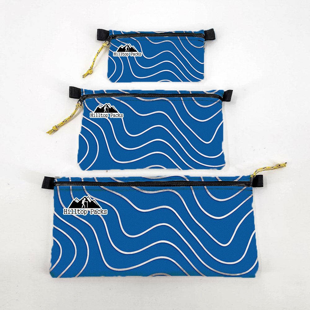 Ultralight Zipper Pouch Series 3 set of 3 blue pouches with wave pattern Hilltop Packs LLC logo on Tampa Home & Garden Store
