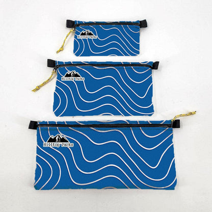 Ultralight Zipper Pouch Series 3 set of 3 blue pouches with wave pattern Hilltop Packs LLC logo on Tampa Home & Garden Store