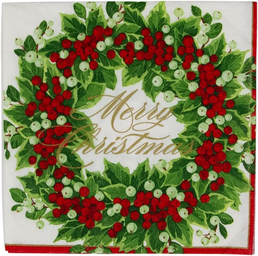 Serviettes de cocktail en papier à motif de couronne de houx et de baies