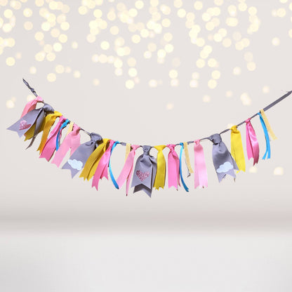 Unicorn Princess Teepee Play Set decorative garland banner with pink, yellow, blue ribbons on Tampa Home & Garden Store
