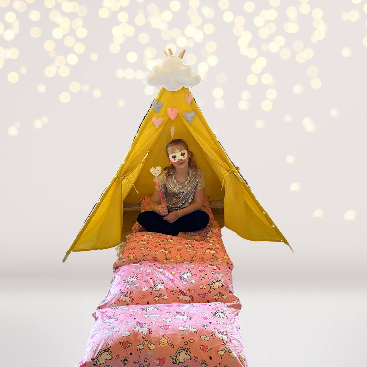 Unicorn Princess Teepee Play Set with yellow teepee and pink unicorn-pattern bedding on Tampa Home & Garden Store
