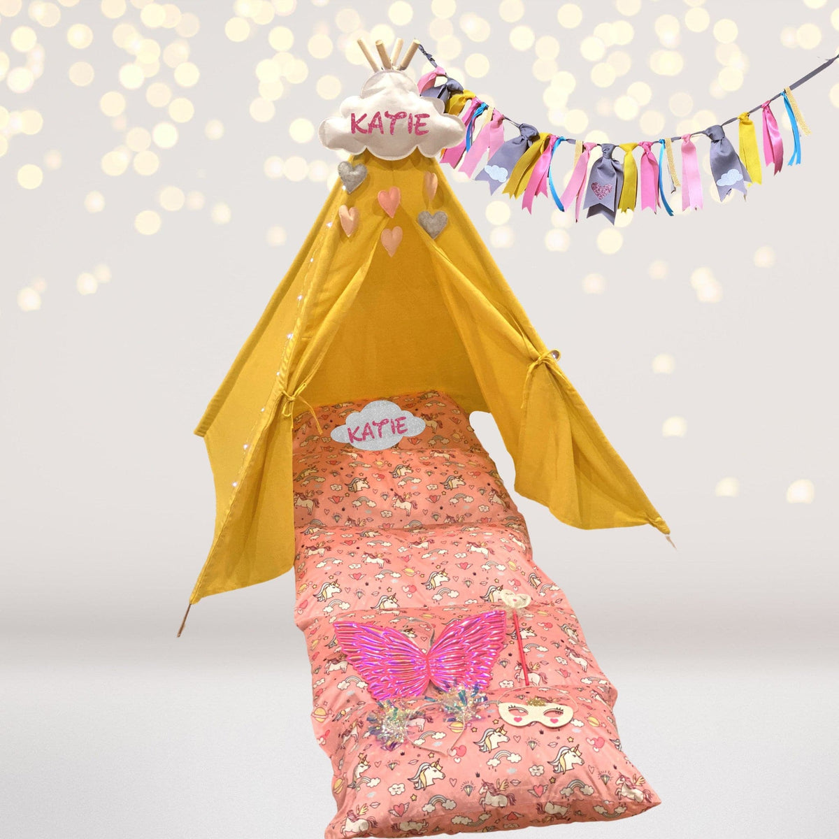 Unicorn Princess Teepee Play Set yellow tent with lining and pastel bunting KATIE cloud tag on Tampa Home & Garden Store