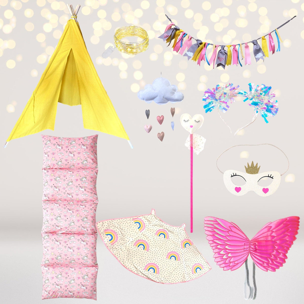 Unicorn Princess Teepee Tent Play Set in yellow with bunting and rainbows for pretend play on Tampa Home & Garden Store