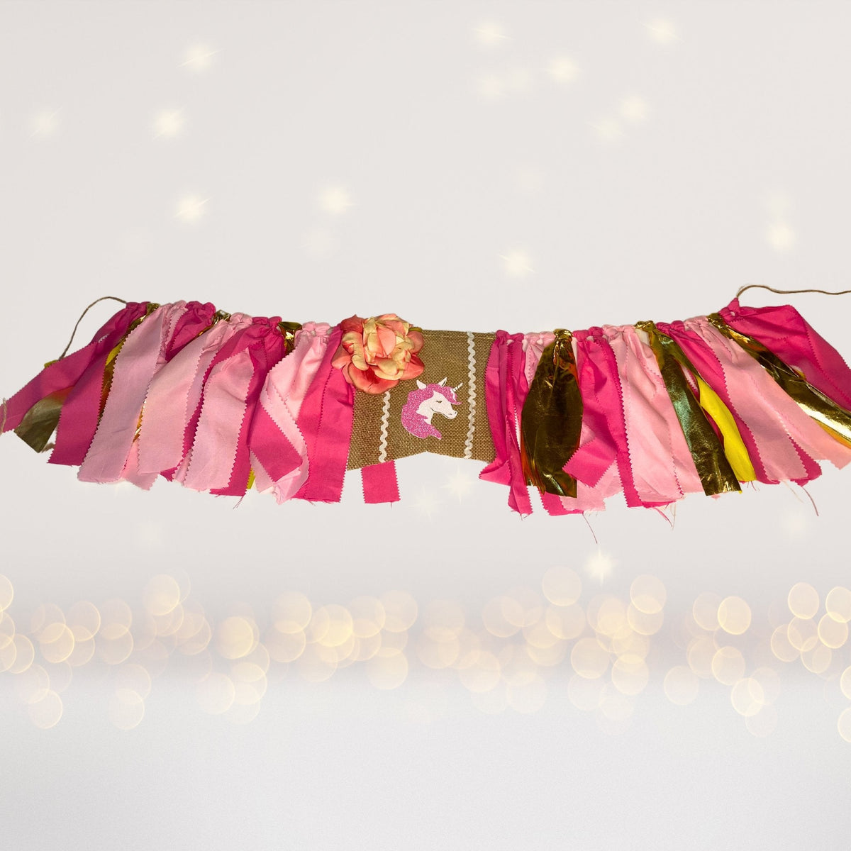 Unicorn party banner by Chicky Chicky Bling Bling with pink ribbons and unicorn motif on Tampa Home & Garden Store