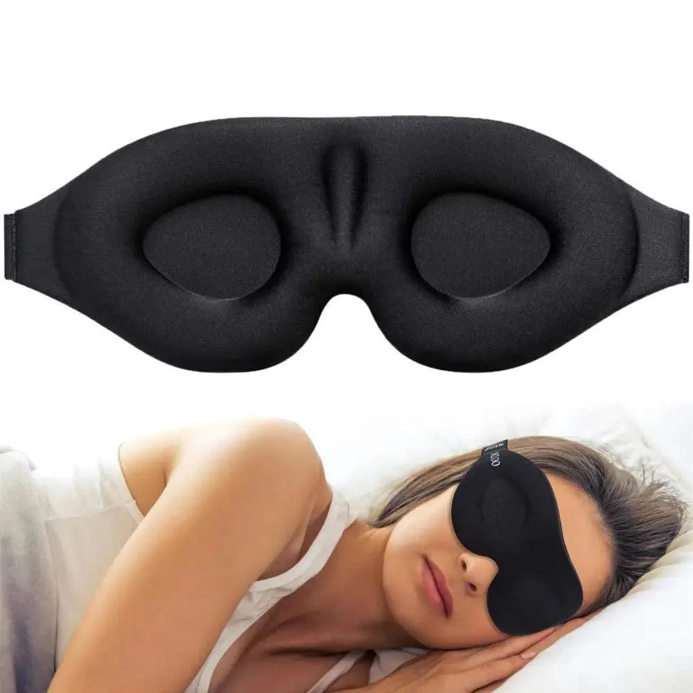 Stevvex 3D contoured eye mask with adjustable strap, black soft sleep shade worn by model on Tampa Home & Garden Store