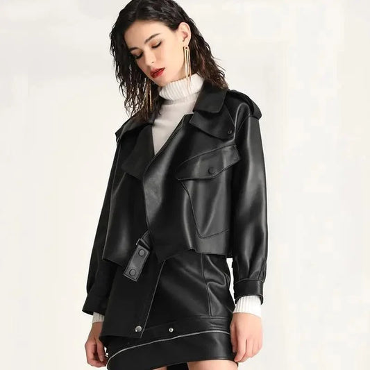 Stevvex faux leather bomber jacket for women black PU leather cropped biker coat on Tampa Home & Garden Store