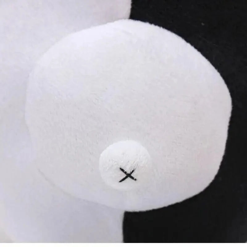 Monokuma white bear plush tail detail, Stevvex stuffed animal doll with X stitch on Tampa Home & Garden Store
