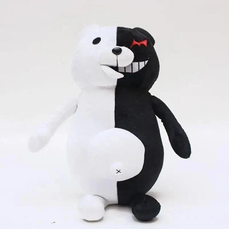Monokuma plush bear toy with split white and black halves, red bow detail, soft stuffed animal for kids on Tampa Home & Garden Store