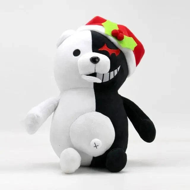 Stevvex Monokuma plush bear, white/black split design with red Santa hat and neon green bow on Tampa Home & Garden Store
