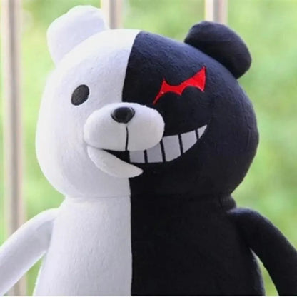 Monokuma plush bear Stevvex, black and white split design with red eye and grin, stuffed animal on Tampa Home & Garden Store