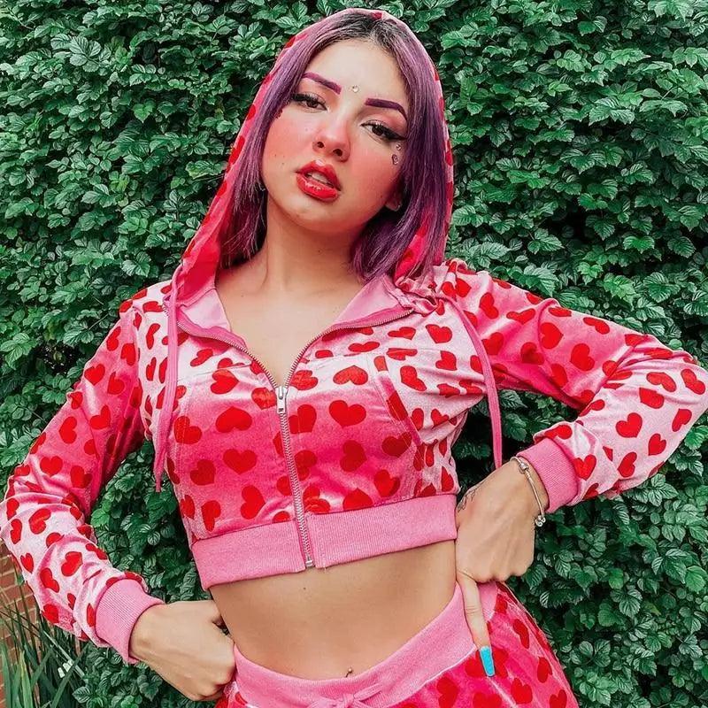 Unique Design Velvet Heart Print Cropped Hooded Bomber Jacket pink with zip front Stevvex on Tampa Home & Garden Store
