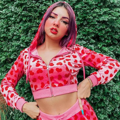 Unique Design Velvet Heart Print Cropped Hooded Bomber Jacket pink with zip front Stevvex on Tampa Home & Garden Store