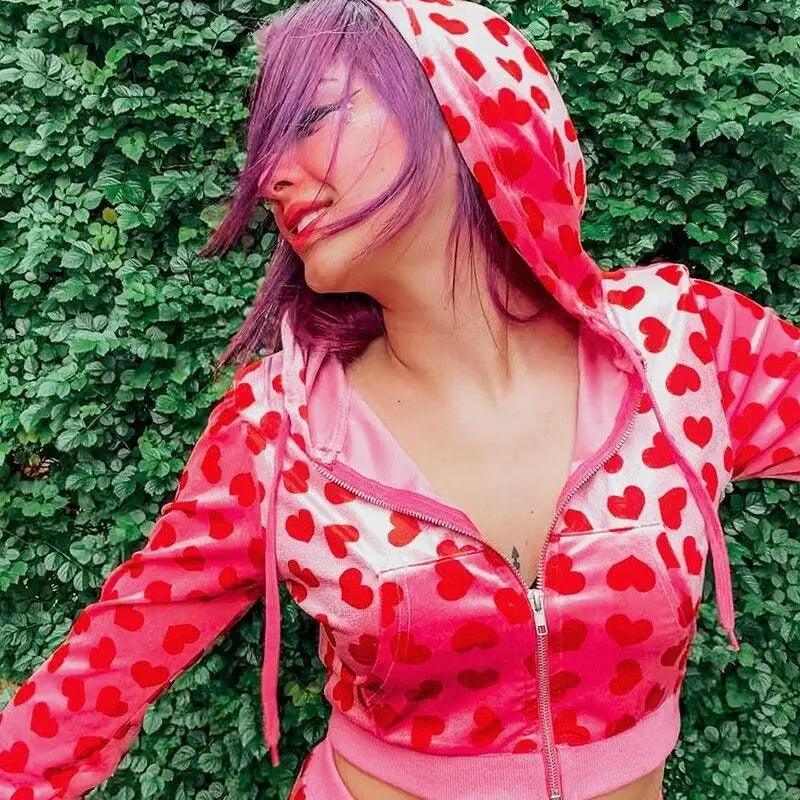 Velvet heart print cropped bomber jacket by Stevvex, pink with red hearts, hooded, zip front on Tampa Home & Garden Store