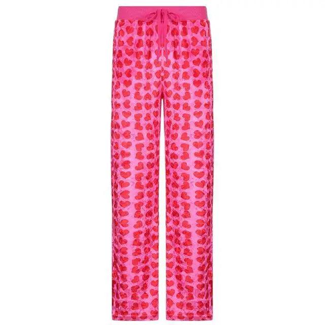Pink heart-print pajama pants with drawstring waist for women on Tampa Home & Garden Store