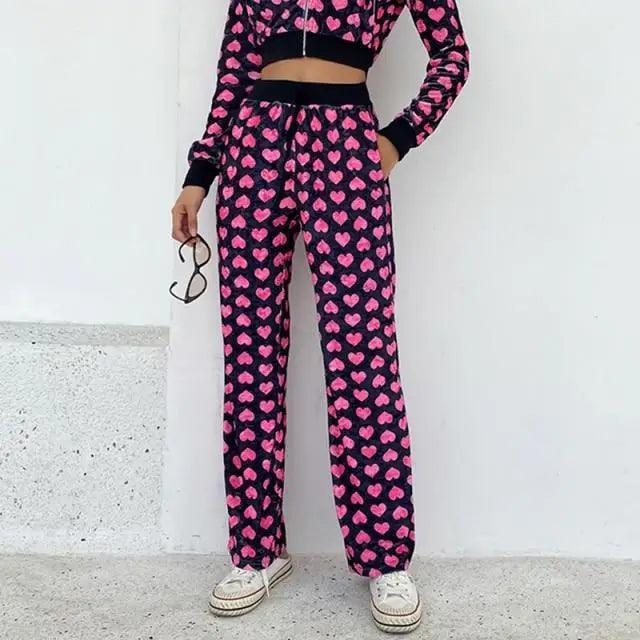 Velvet heart-print bomber jacket and pants 2-piece set in pink on dark fabric Stevvex on Tampa Home & Garden Store