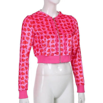 Unique velvet heart print cropped bomber jacket for women pink long sleeve zip by Stevvex on Tampa Home & Garden Store